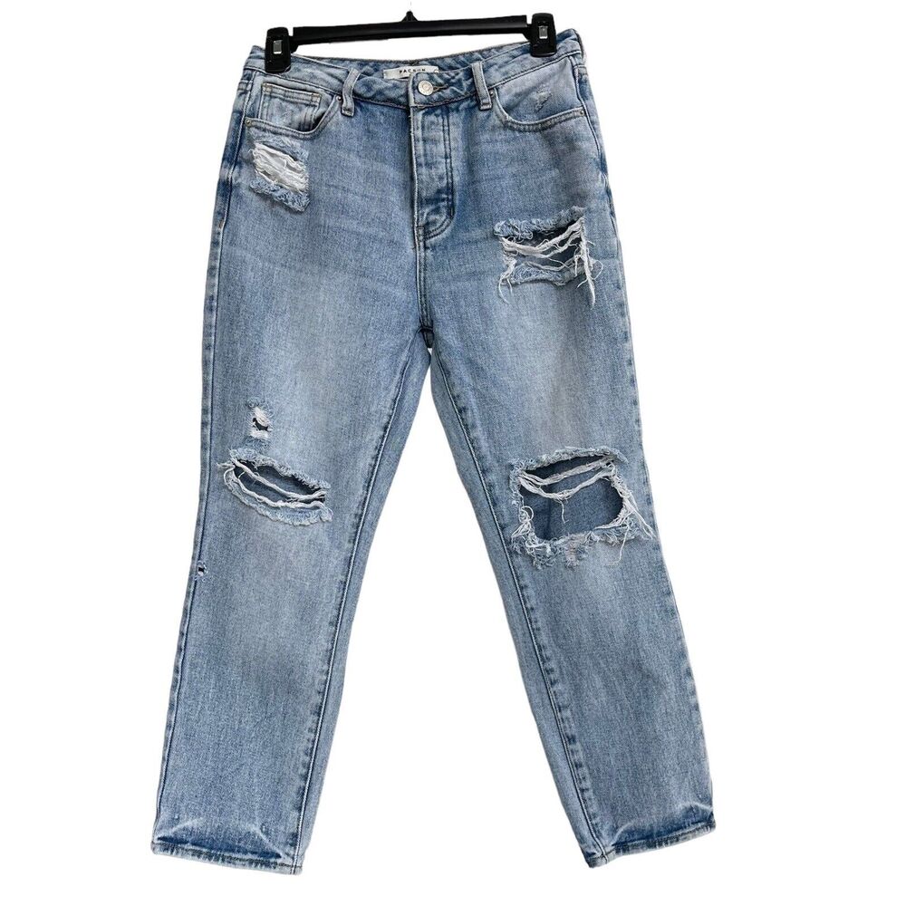 Pacsun SZ 25 Cropped Mom Jeans Mid-Rise Button-Fly Distressed Rips Light Wash